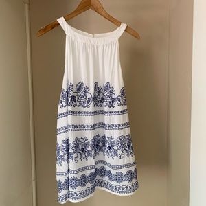 White And Blue Embroidered Halter Neck Blouse